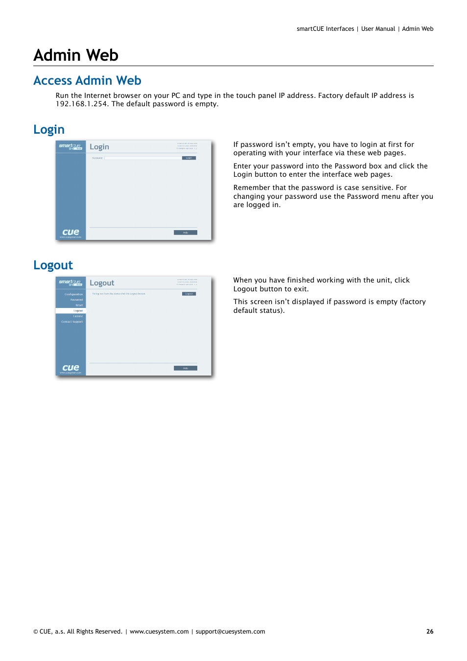 Admin web, Access admin web, Login | Logout, 26 access admin web 26 login 26 logout | CUE smartCUE Interfaces User Manual | Page 26 / 32