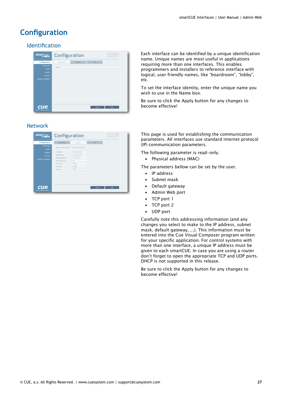 Configuration, 27 configuration, Identification | Network | CUE smartCUE Interfaces User Manual | Page 27 / 32