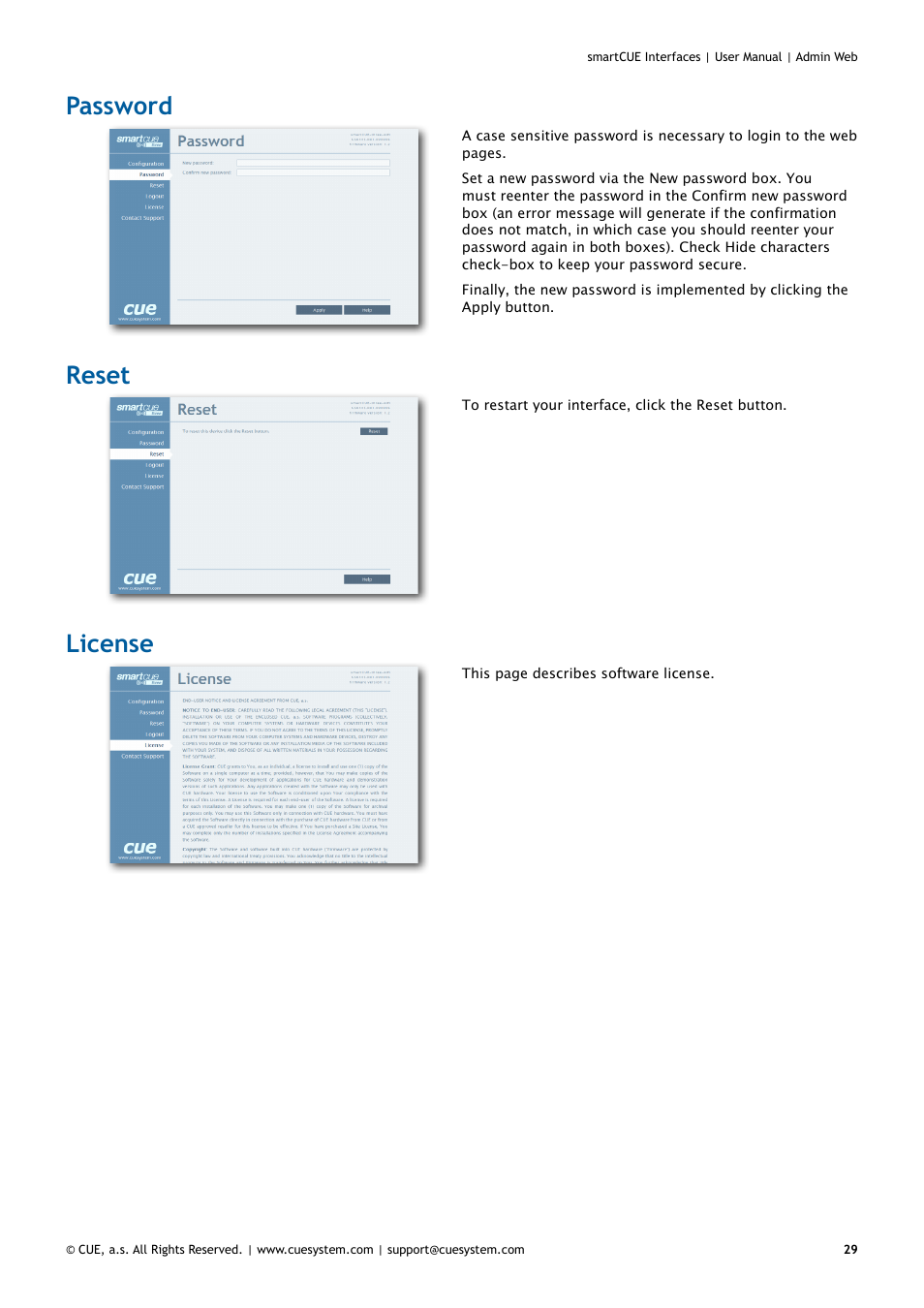 Password, Reset, License | 29 password 29 reset 29 license | CUE smartCUE Interfaces User Manual | Page 29 / 32