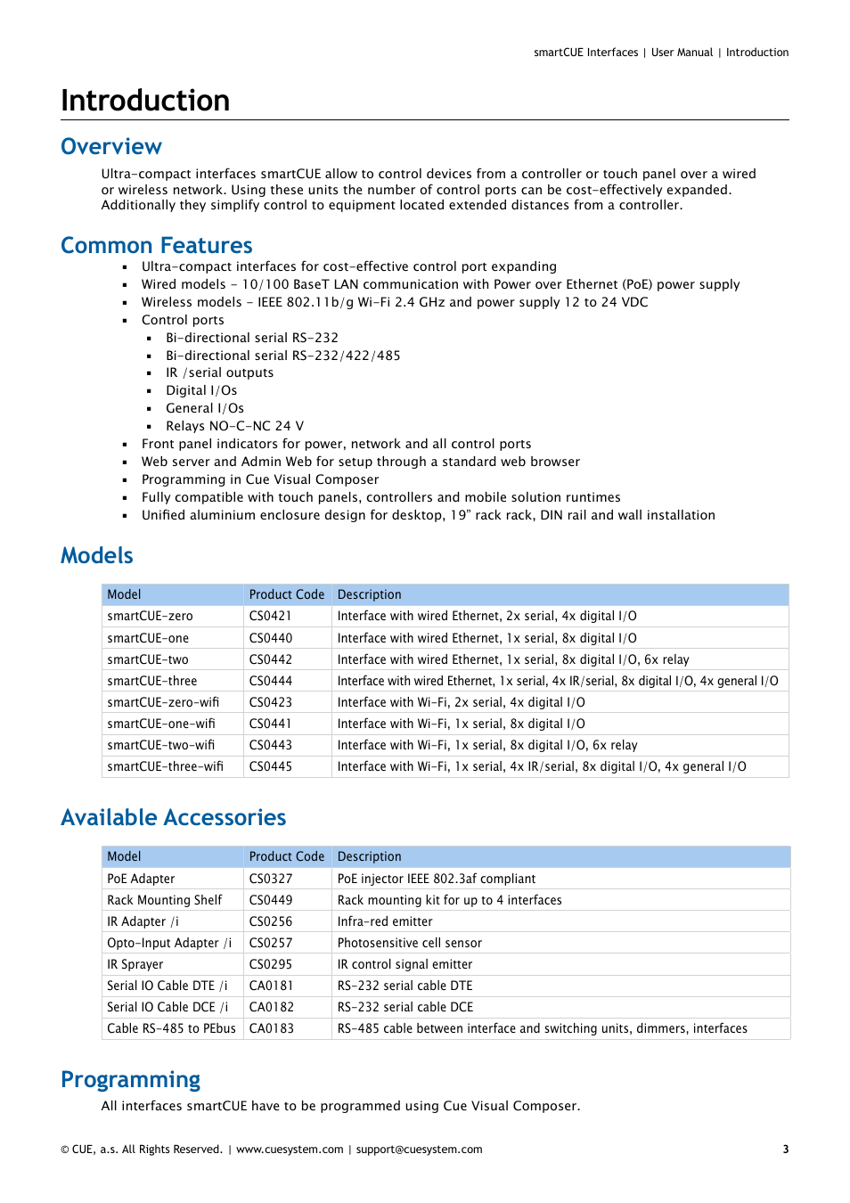 Introduction, Overview, Common features | Models, Available accessories, Programming, 3 overview 3, 3 models 3, 3 programming | CUE smartCUE Interfaces User Manual | Page 3 / 32