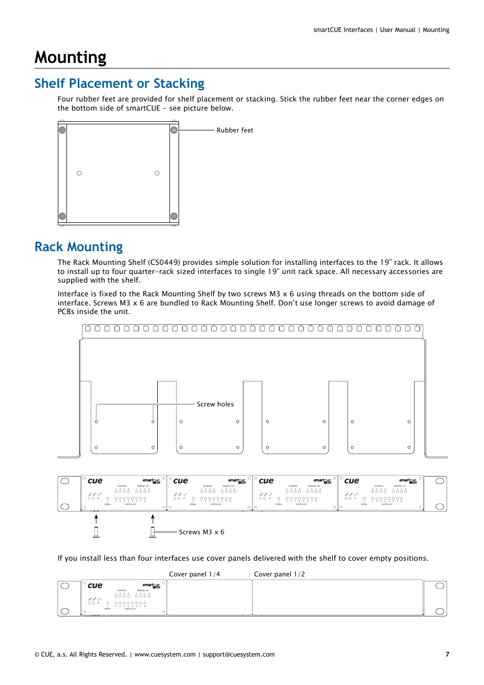 Mounting, Shelf placement or stacking, Rack mounting | Screw holes screws m3 x 6, Cover panel 1/4, Cover panel 1/2, Rubber feet | CUE smartCUE Interfaces User Manual | Page 7 / 32