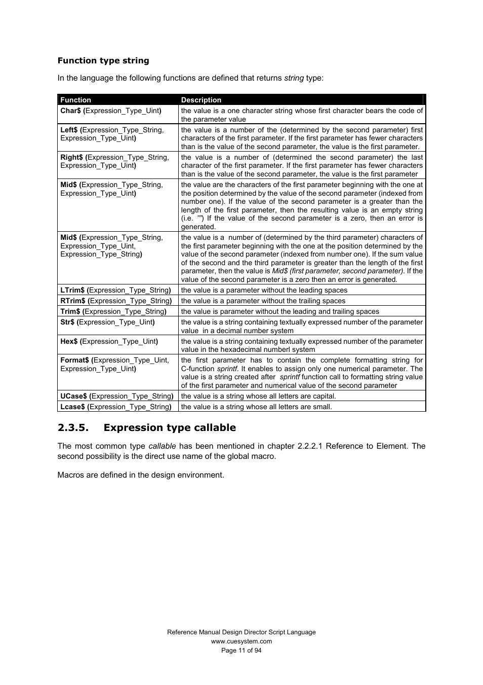 Expression type callable | CUE Design Director Script Language User Manual | Page 11 / 94