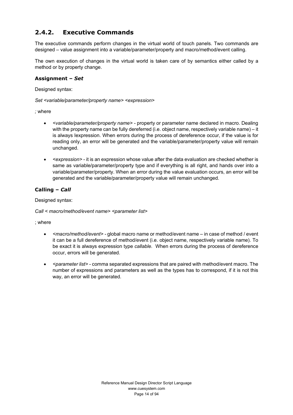 Executive commands | CUE Design Director Script Language User Manual | Page 14 / 94