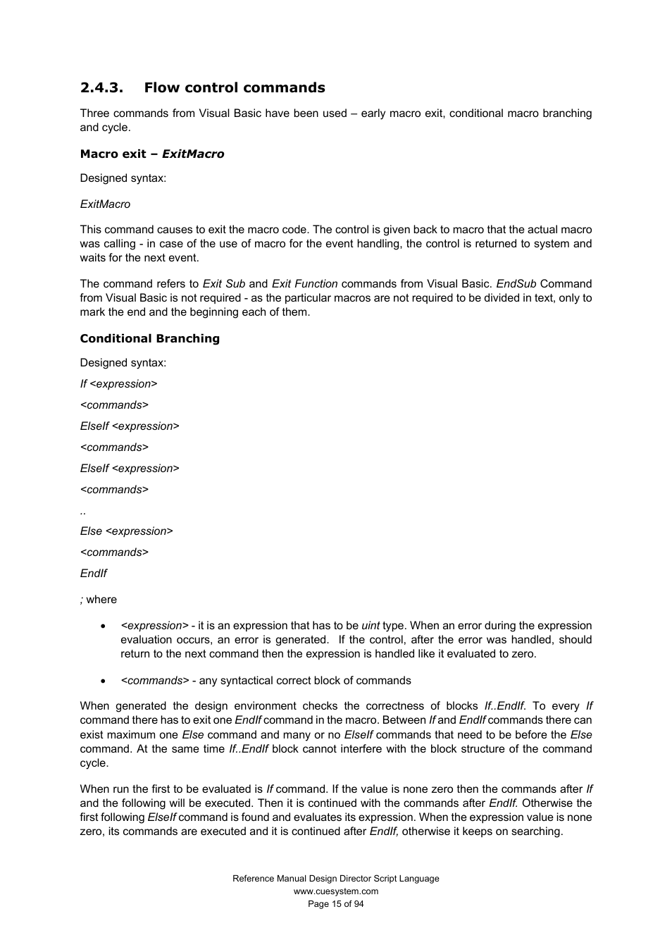 Flow control commands | CUE Design Director Script Language User Manual | Page 15 / 94