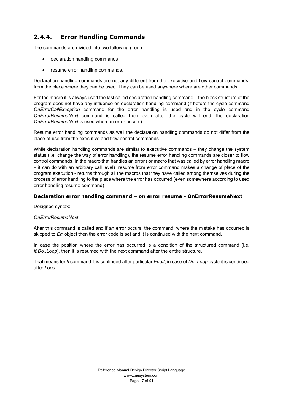 Error handling commands | CUE Design Director Script Language User Manual | Page 17 / 94