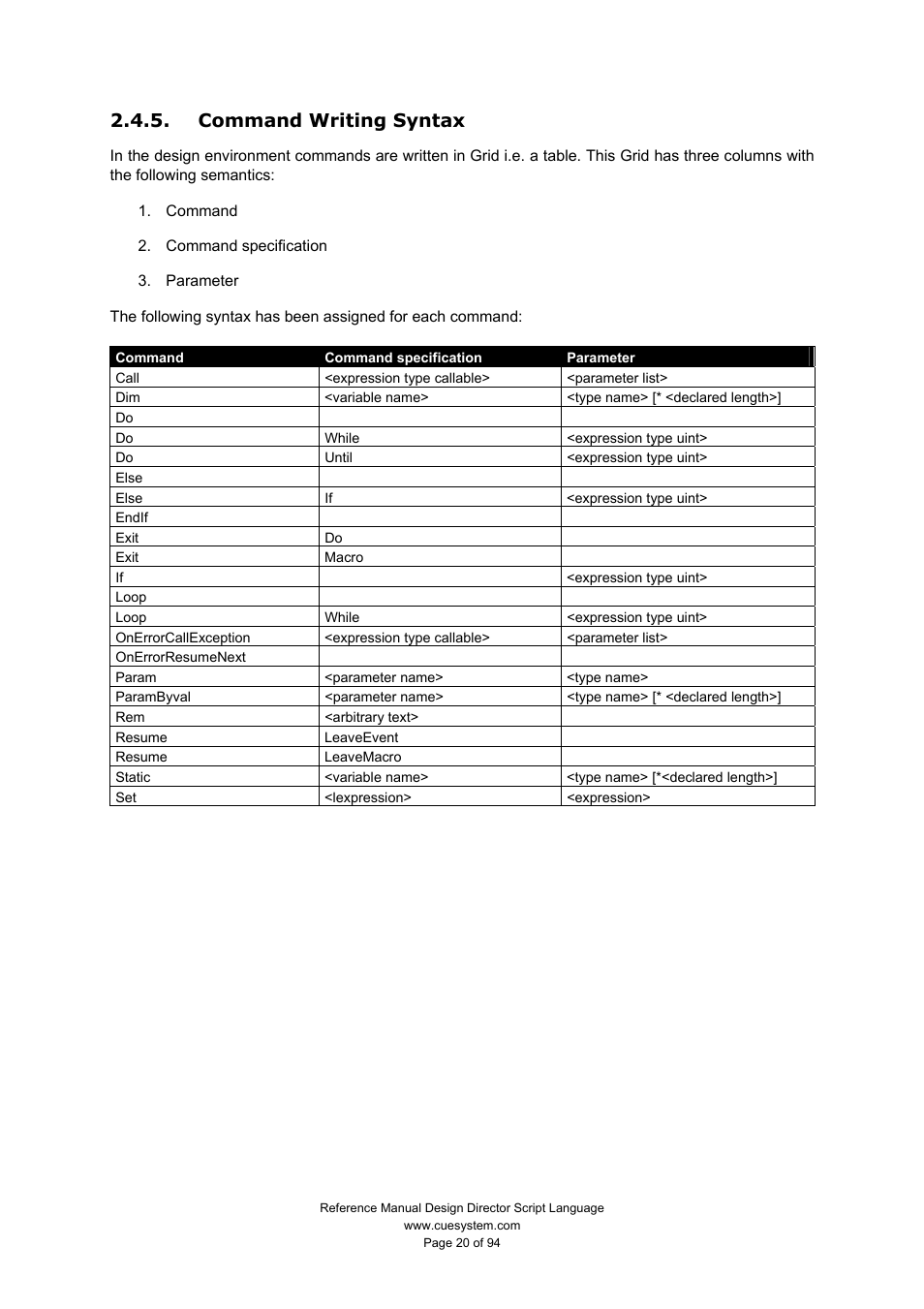 Command writing syntax | CUE Design Director Script Language User Manual | Page 20 / 94