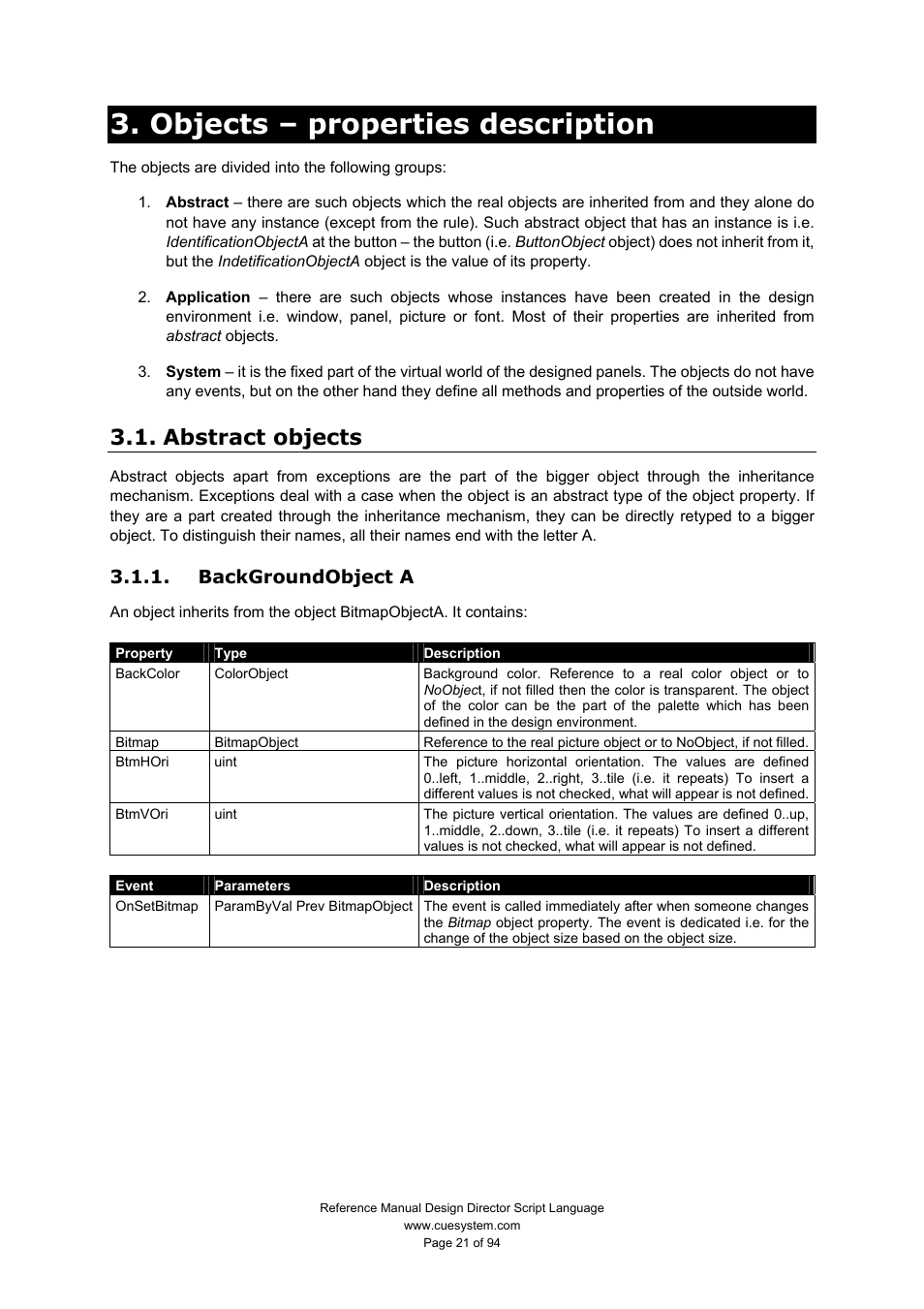 Objects – properties description, Abstract objects, Backgroundobject a | CUE Design Director Script Language User Manual | Page 21 / 94