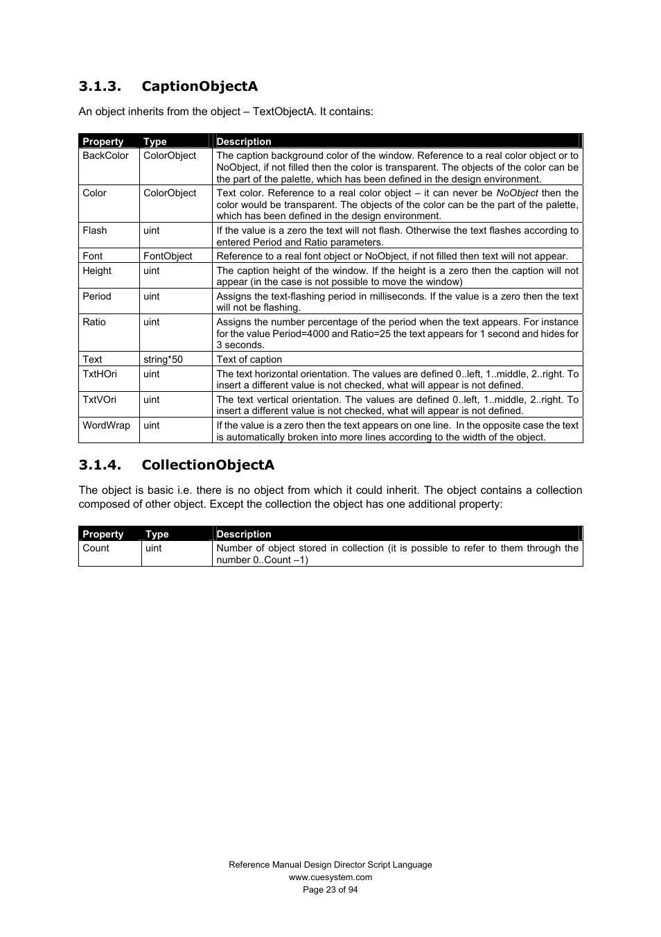 Captionobjecta, Collectionobjecta | CUE Design Director Script Language User Manual | Page 23 / 94