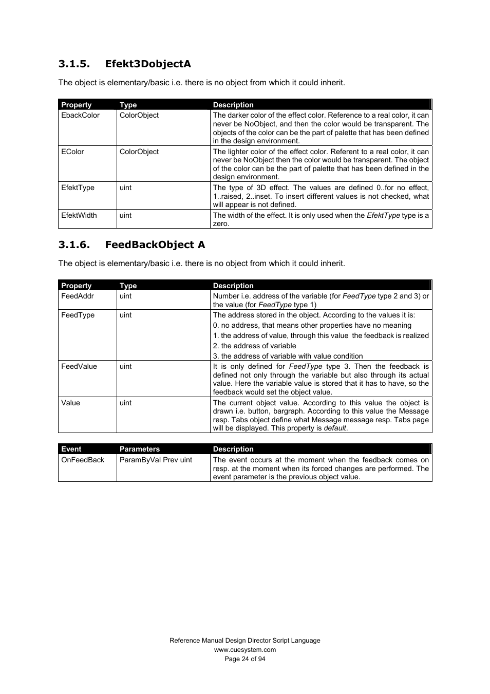 Efekt3dobjecta, Feedbackobject a | CUE Design Director Script Language User Manual | Page 24 / 94