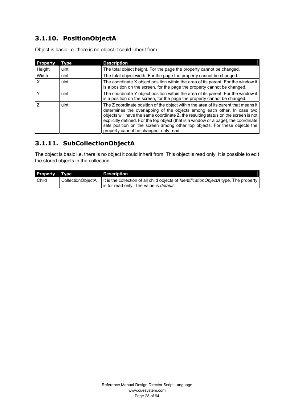 Positionobjecta, Subcollectionobjecta | CUE Design Director Script Language User Manual | Page 28 / 94