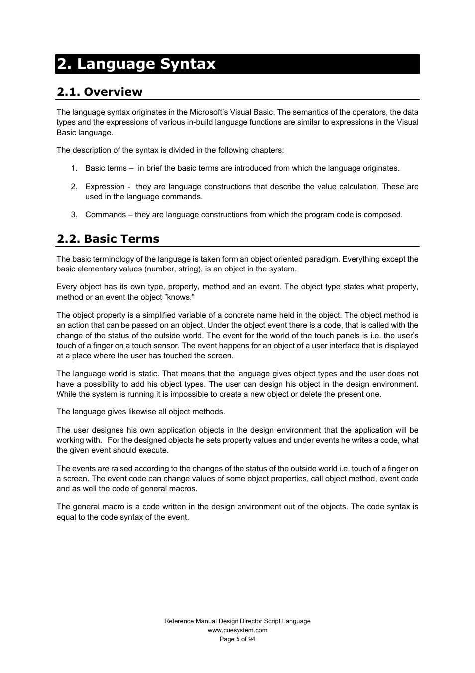 Language syntax, Overview, Basic terms | CUE Design Director Script Language User Manual | Page 5 / 94
