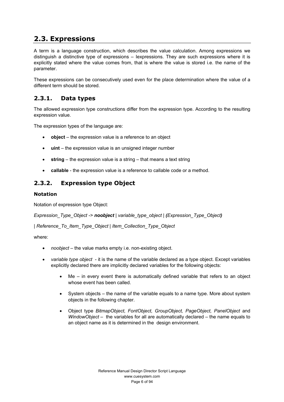 Expressions, Data types, Expression type object | CUE Design Director Script Language User Manual | Page 6 / 94