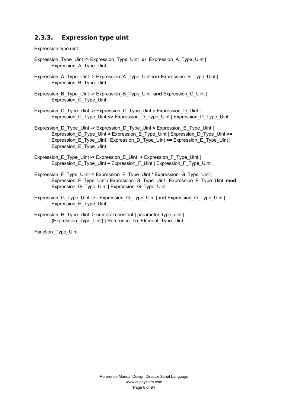 Expression type uint | CUE Design Director Script Language User Manual | Page 8 / 94