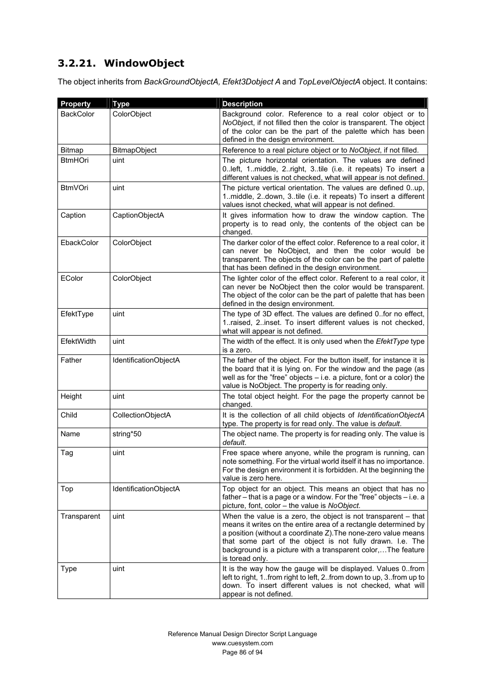 Windowobject | CUE Design Director Script Language User Manual | Page 86 / 94