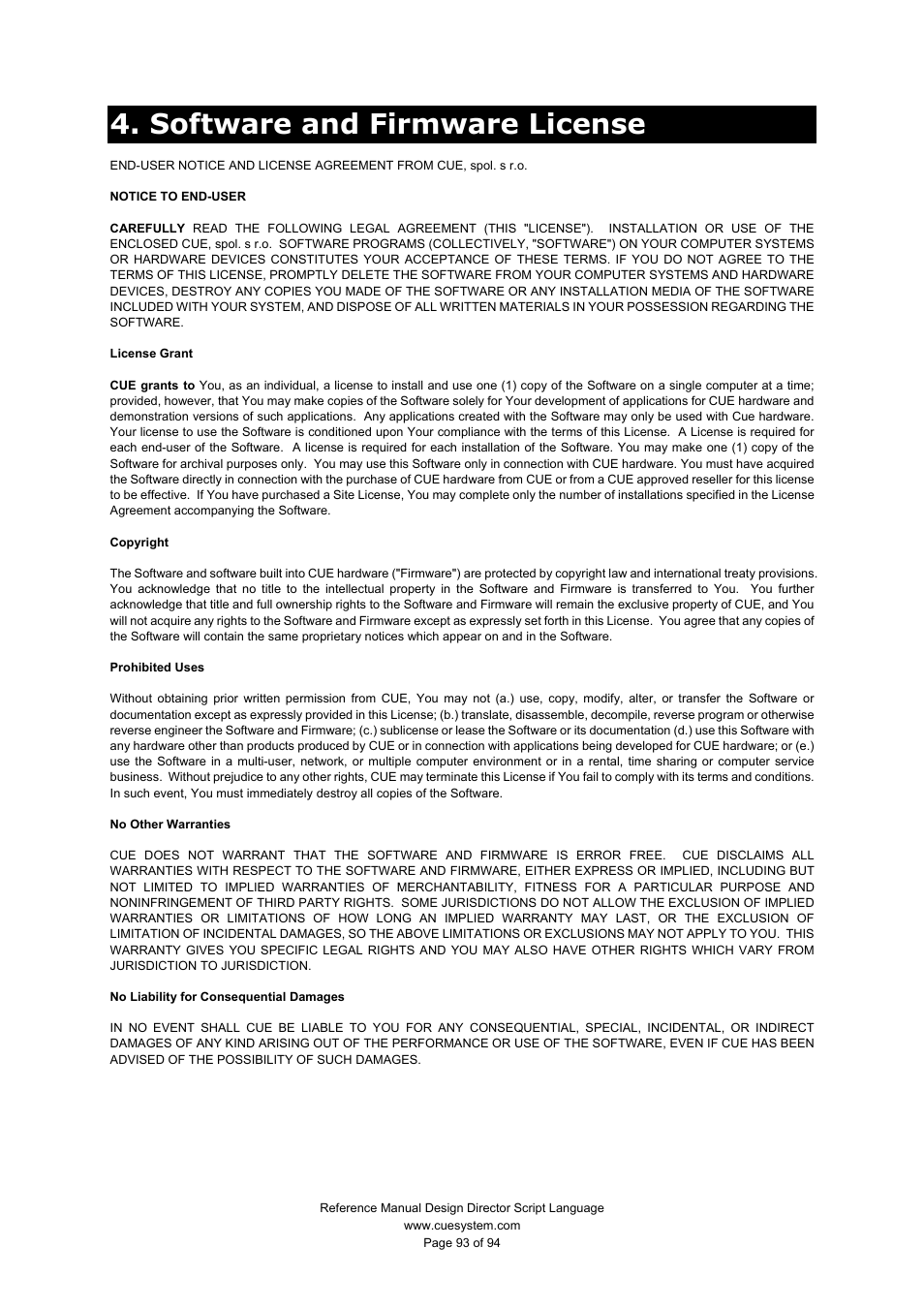 Software and firmware license | CUE Design Director Script Language User Manual | Page 93 / 94