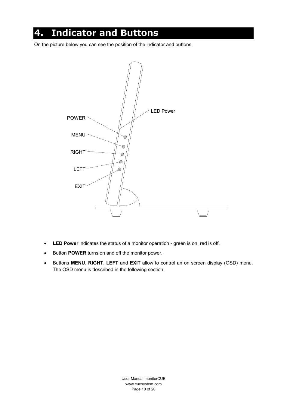 Indicator and buttons | CUE monitorCUE User Manual | Page 10 / 20