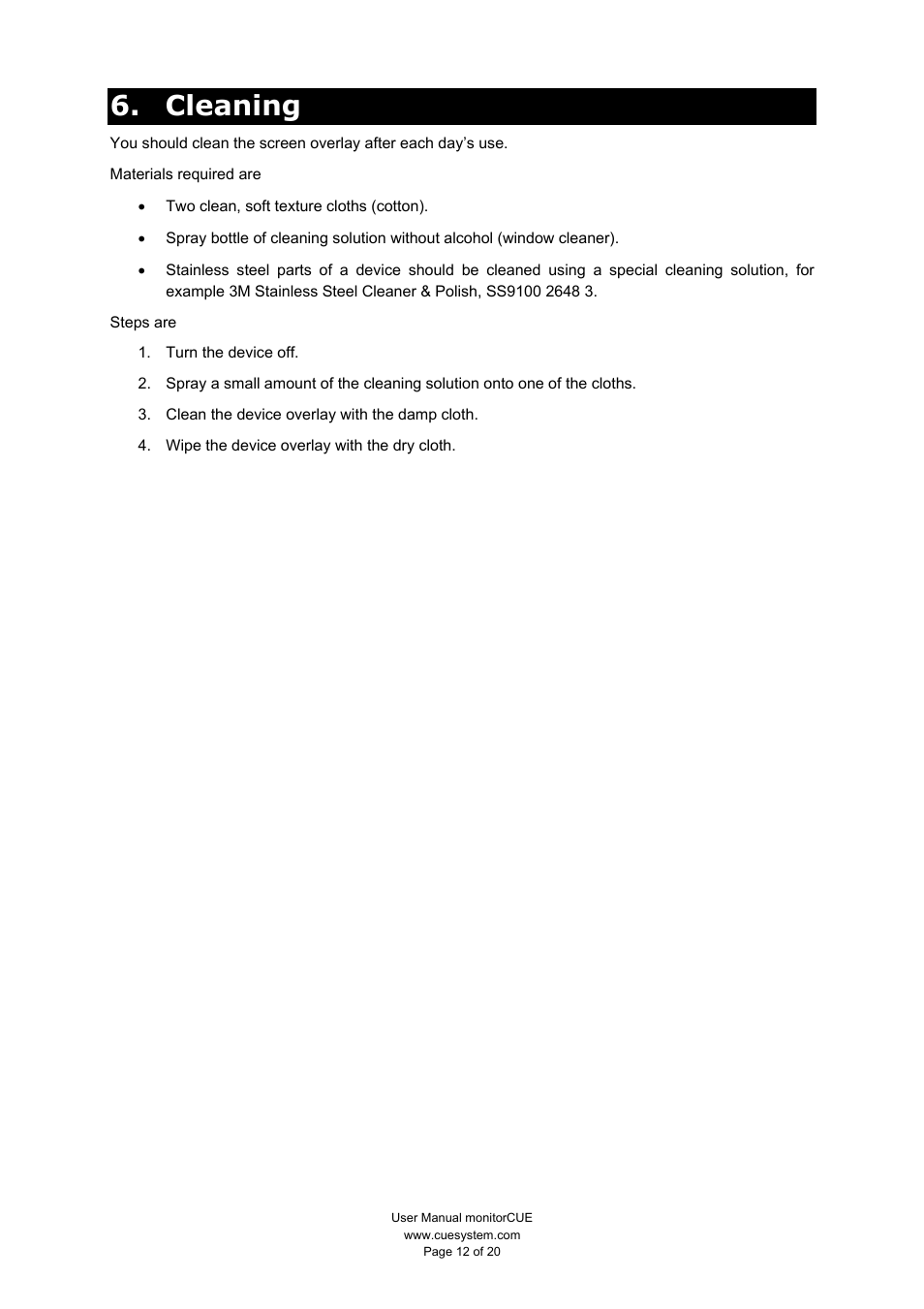 Cleaning | CUE monitorCUE User Manual | Page 12 / 20