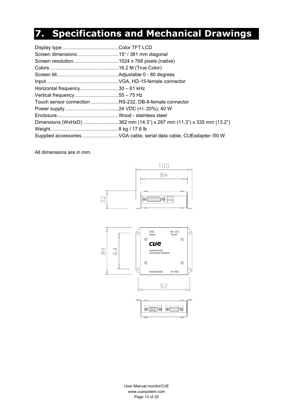 Specifications and mechanical drawings | CUE monitorCUE User Manual | Page 13 / 20