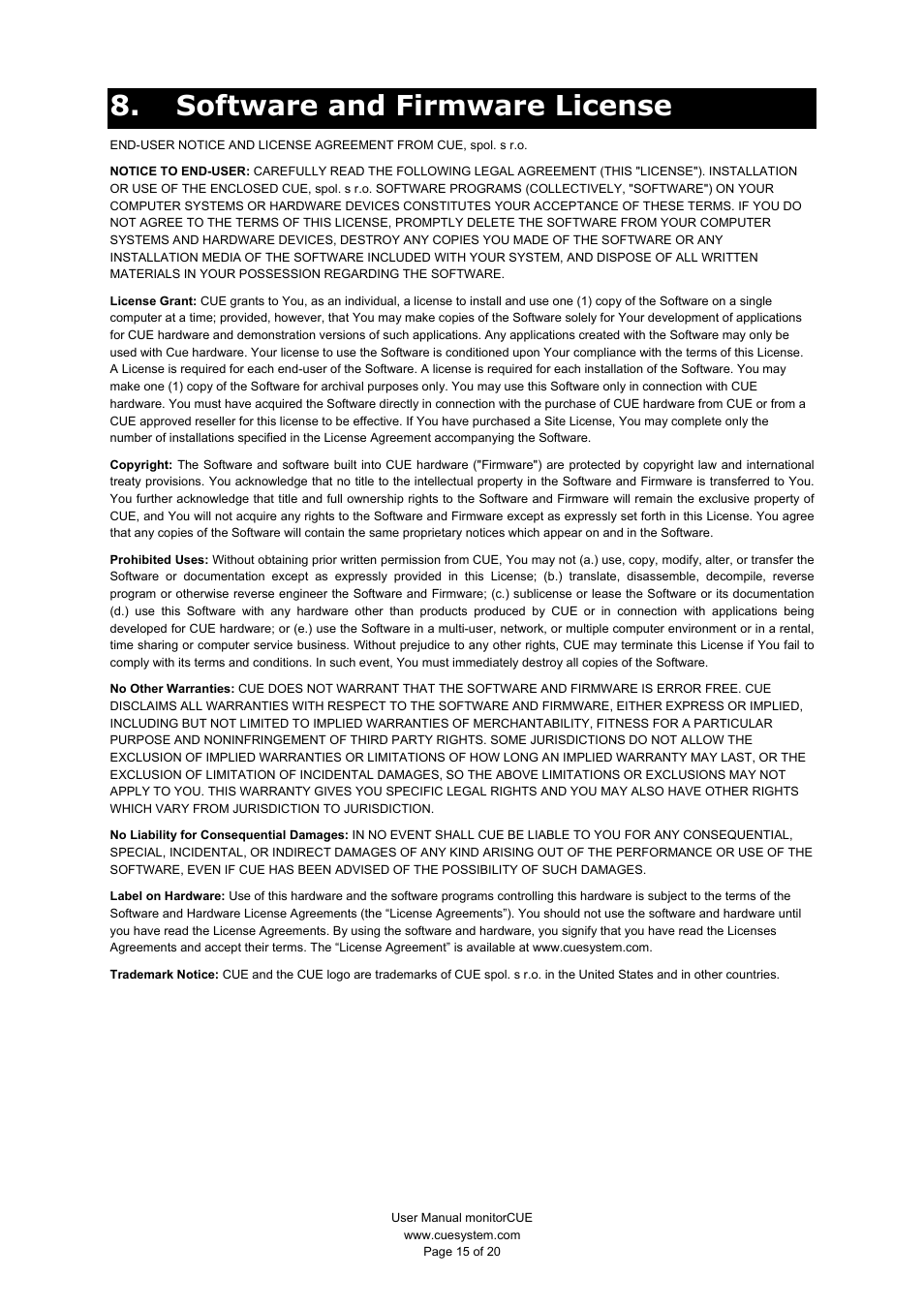 Software and firmware license | CUE monitorCUE User Manual | Page 15 / 20