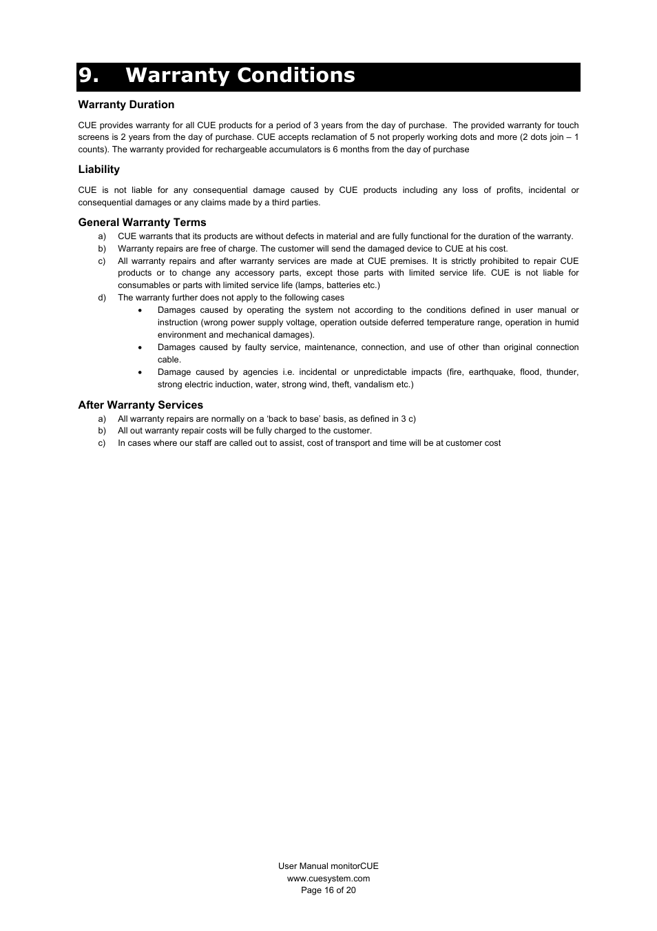 Warranty conditions | CUE monitorCUE User Manual | Page 16 / 20