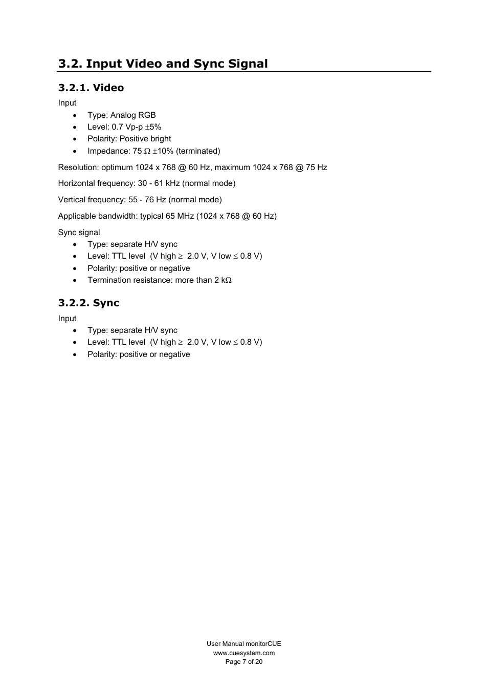 Input video and sync signal, Video, Sync | CUE monitorCUE User Manual | Page 7 / 20
