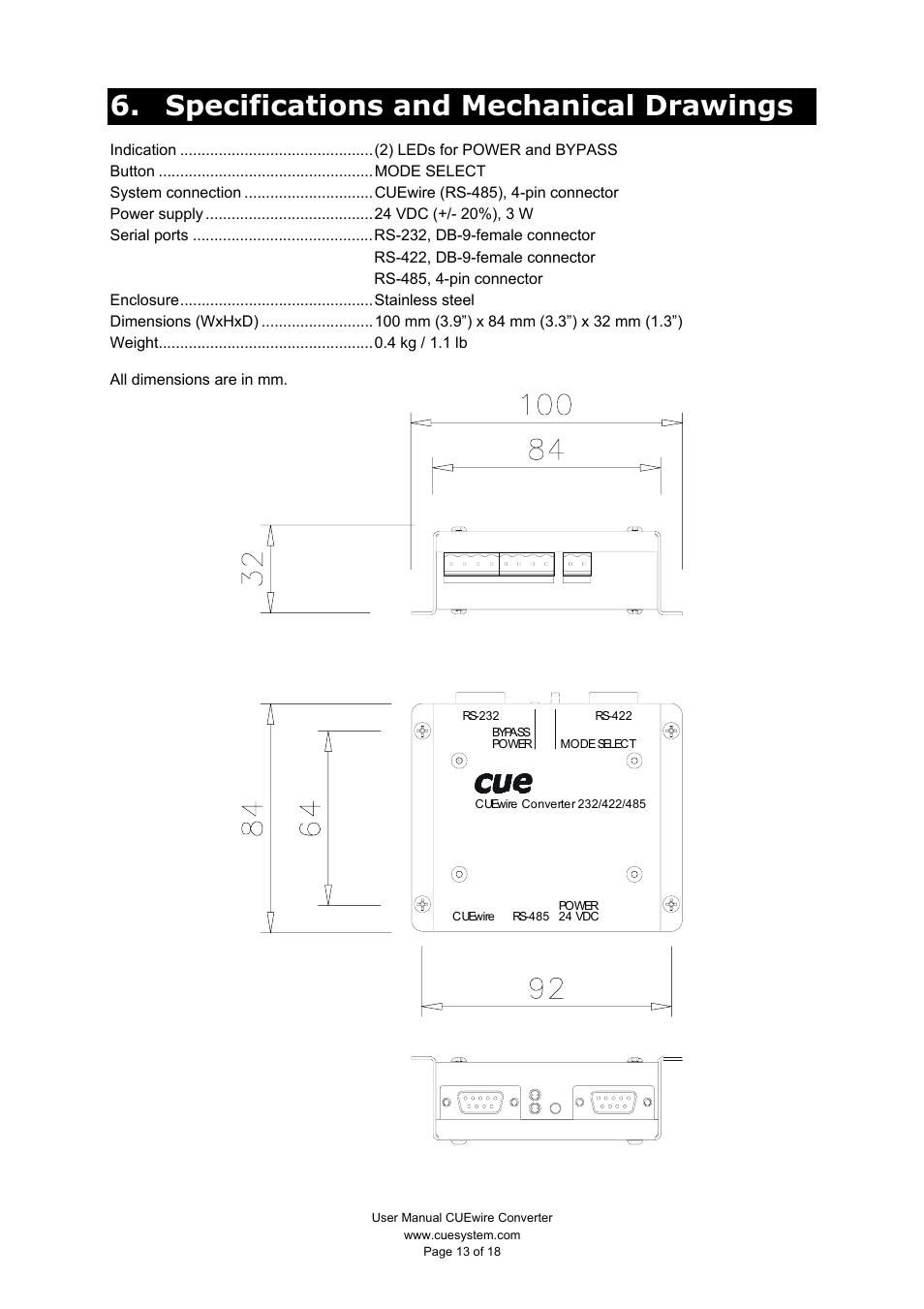 Specifications and mechanical drawings | CUE CUEwire User Manual | Page 13 / 18