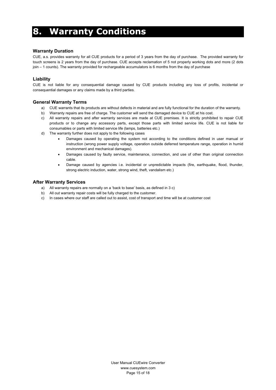 Warranty conditions | CUE CUEwire User Manual | Page 15 / 18