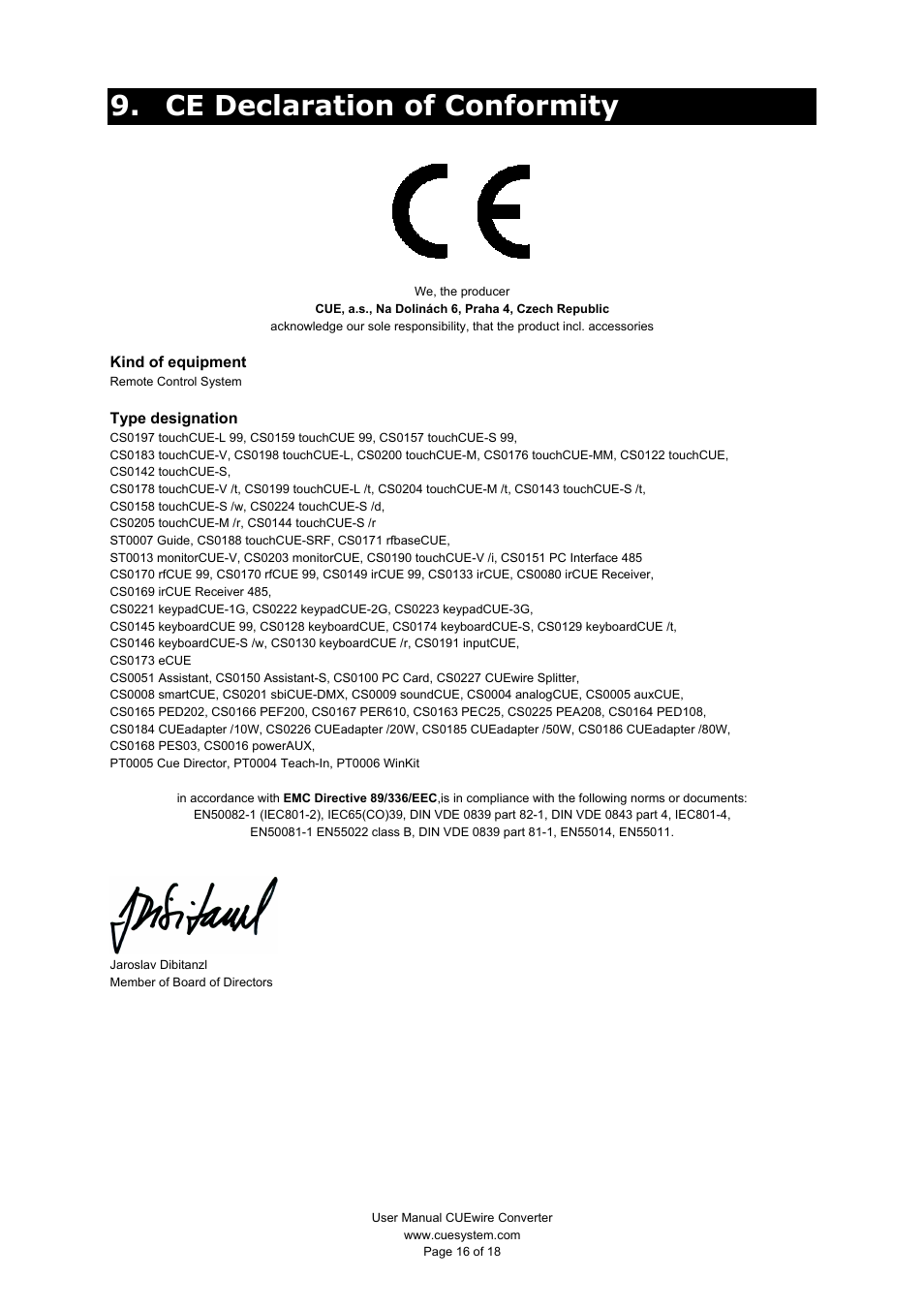 Ce declaration of conformity | CUE CUEwire User Manual | Page 16 / 18