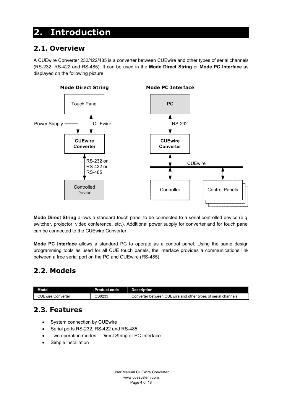 Introduction, Overview, Models | Features | CUE CUEwire User Manual | Page 4 / 18