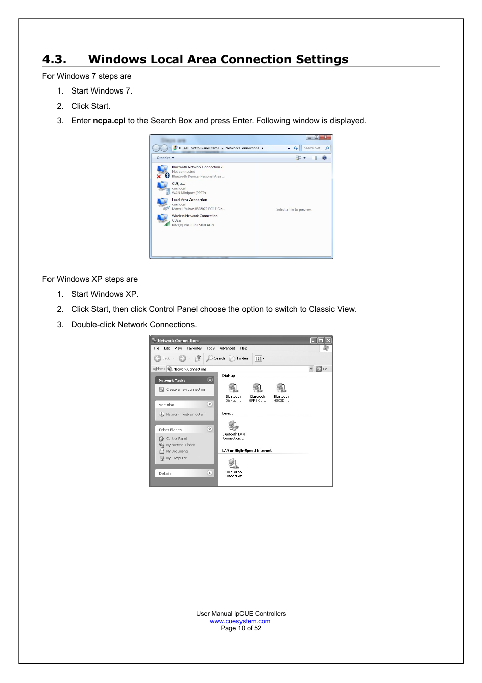 Windows local area connection settings | CUE ipCUE User Manual | Page 10 / 52