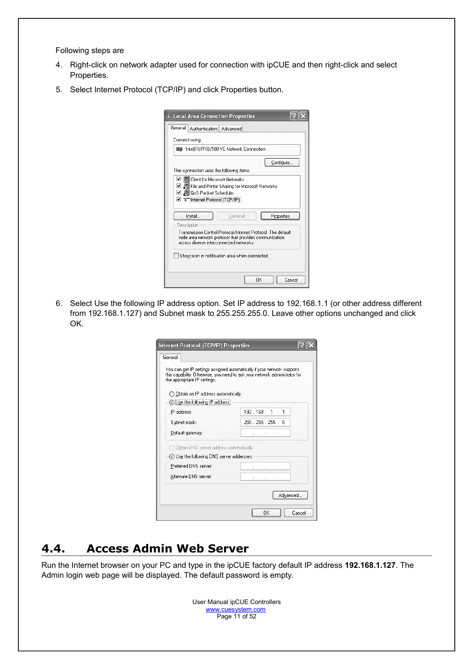 Access admin web server | CUE ipCUE User Manual | Page 11 / 52