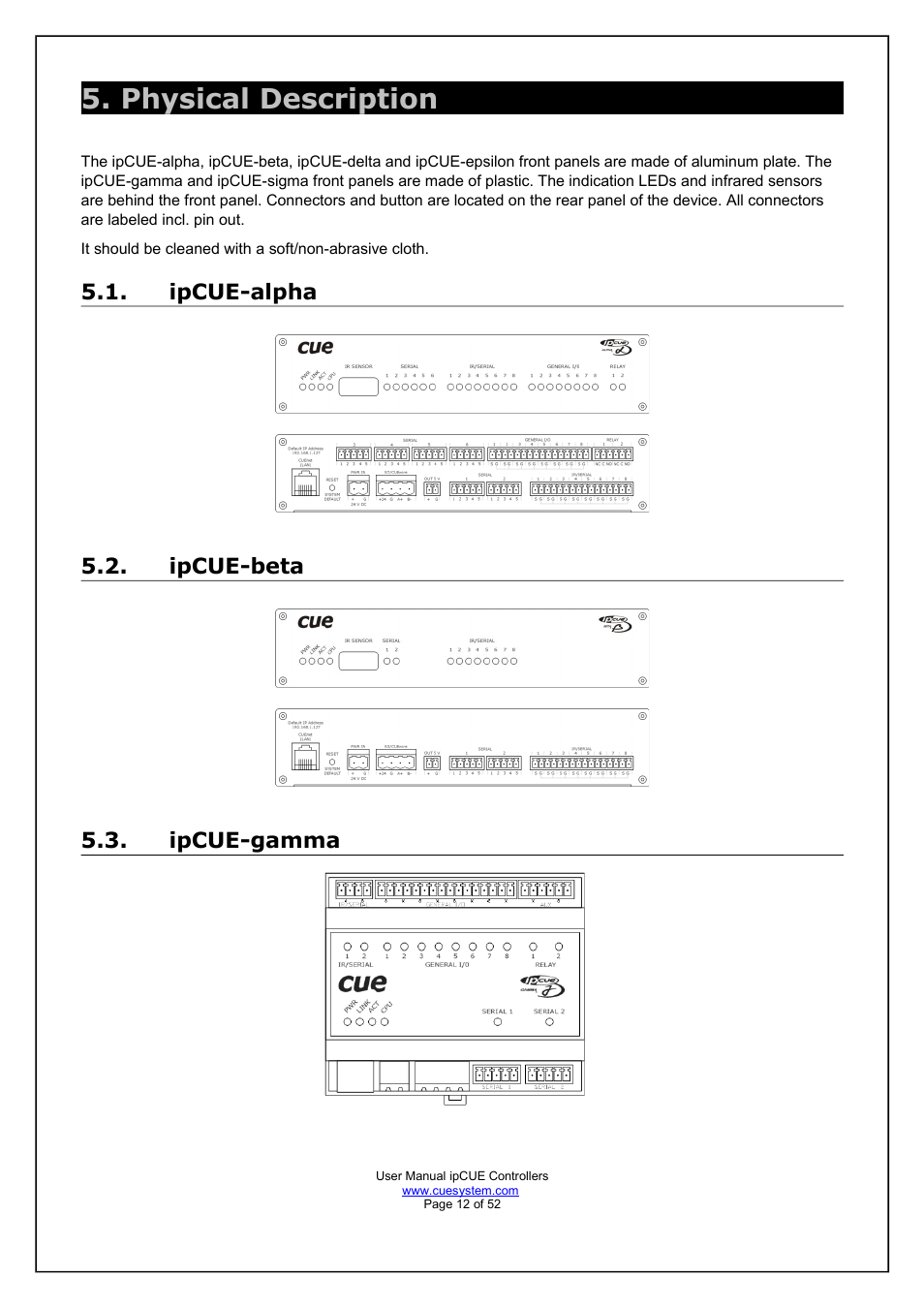 Physical description, Ipcue-alpha, Ipcue-beta | Ipcue-gamma, Ipcue-alpha 5.2. ipcue-beta 5.3. ipcue-gamma | CUE ipCUE User Manual | Page 12 / 52