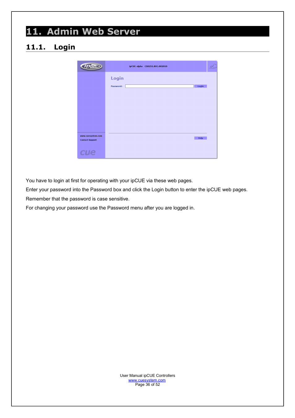 Admin web server, Login | CUE ipCUE User Manual | Page 36 / 52