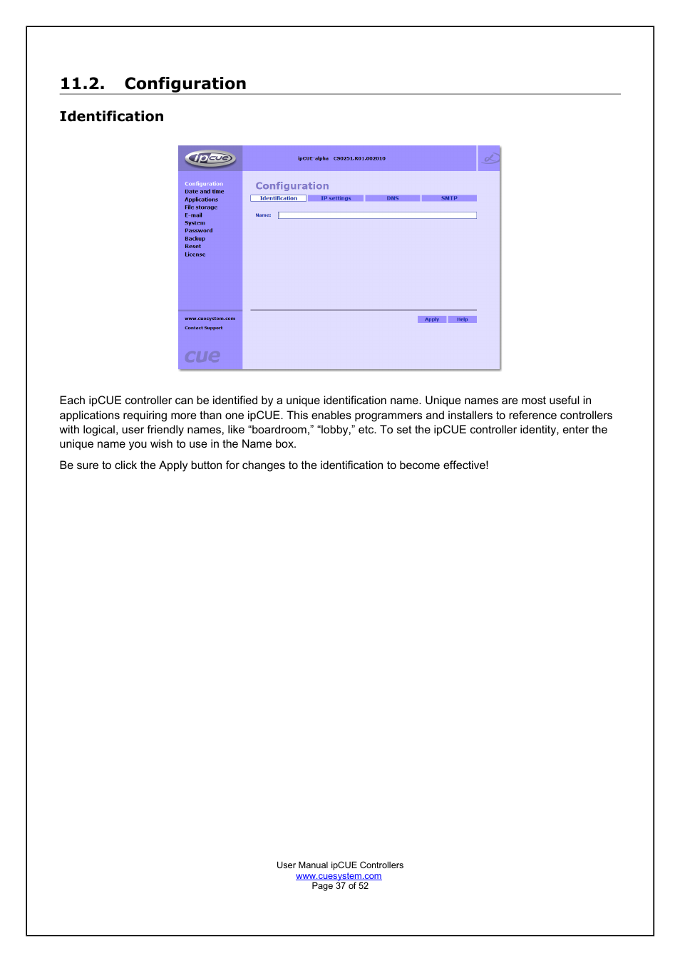 Configuration, Identification | CUE ipCUE User Manual | Page 37 / 52