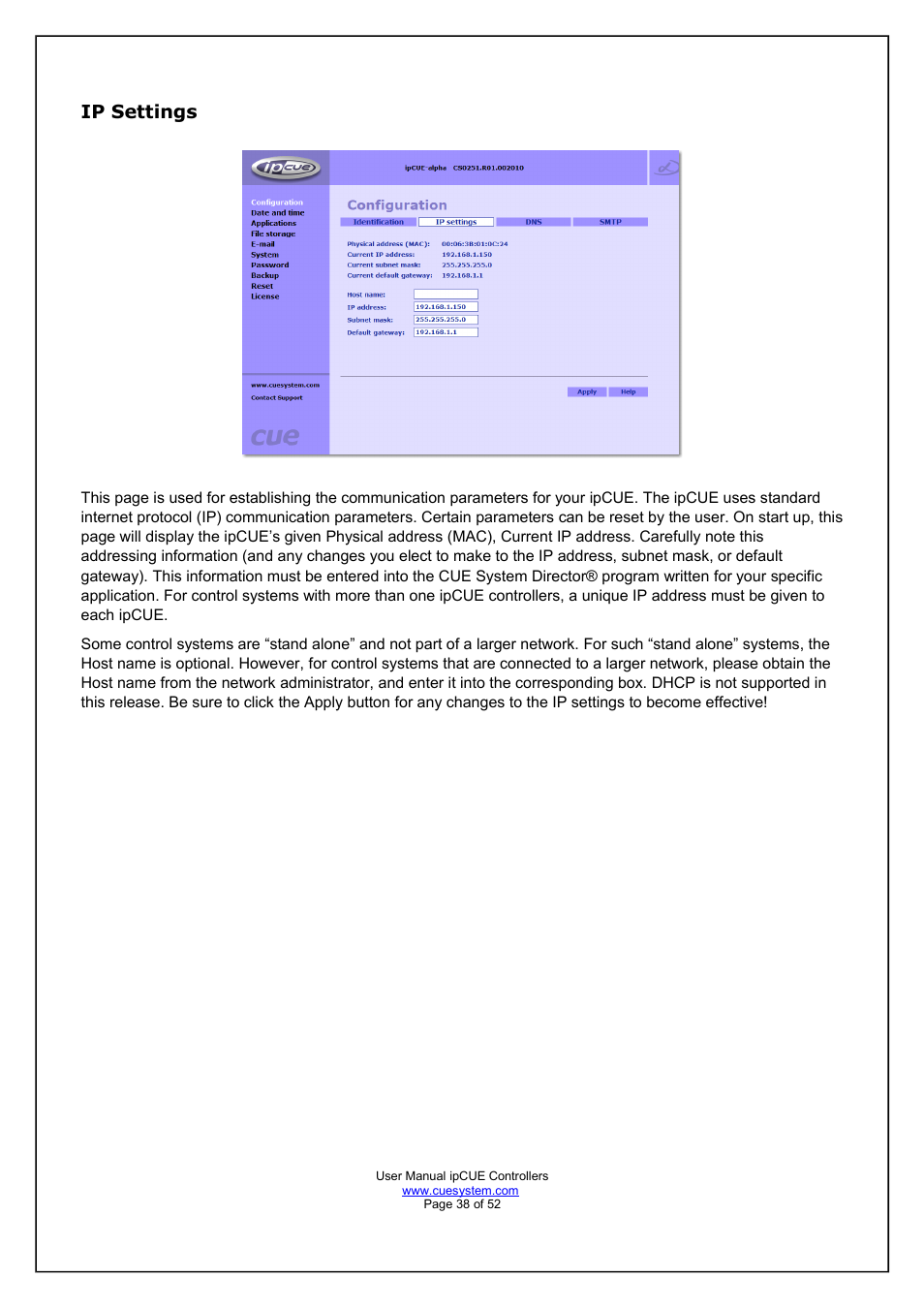 Ip settings | CUE ipCUE User Manual | Page 38 / 52