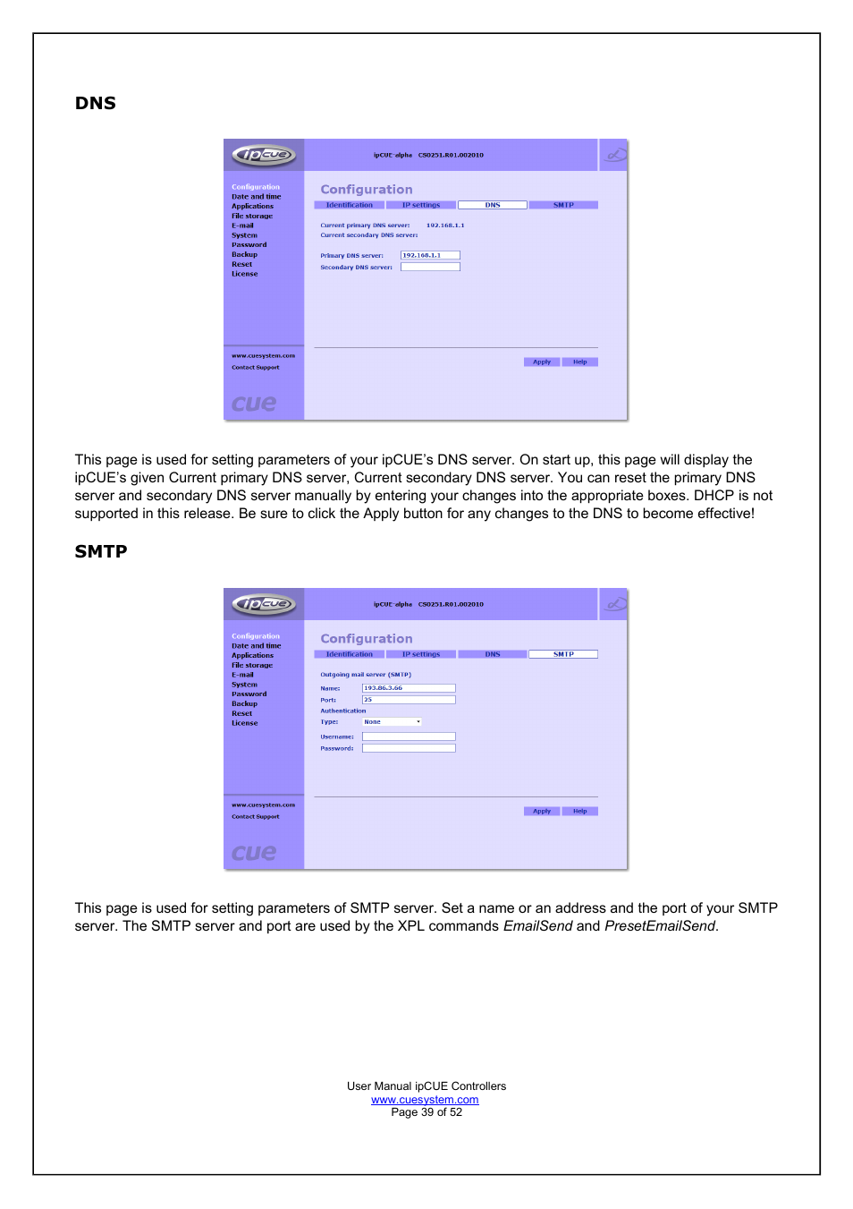 Smtp | CUE ipCUE User Manual | Page 39 / 52