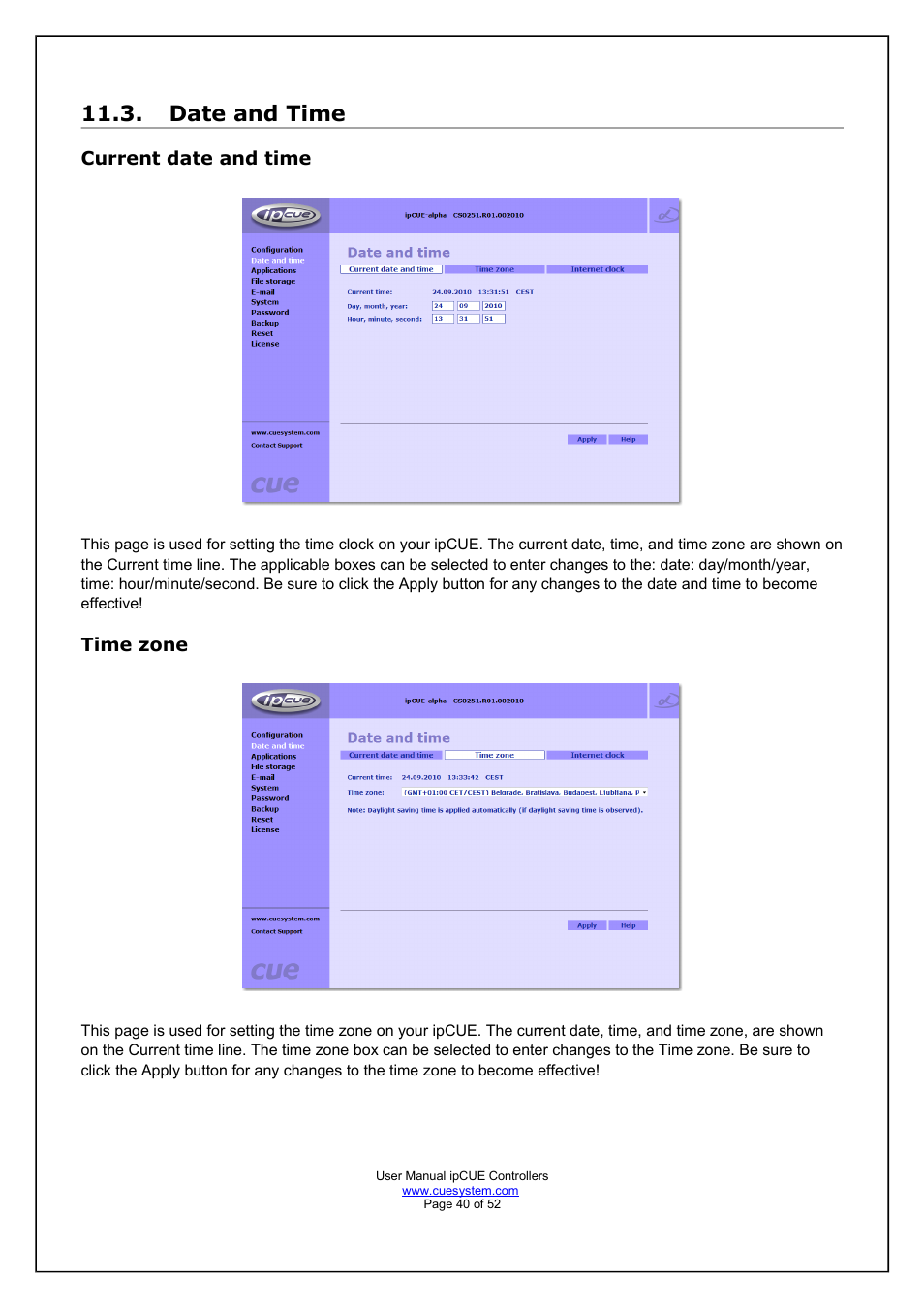 Date and time | CUE ipCUE User Manual | Page 40 / 52