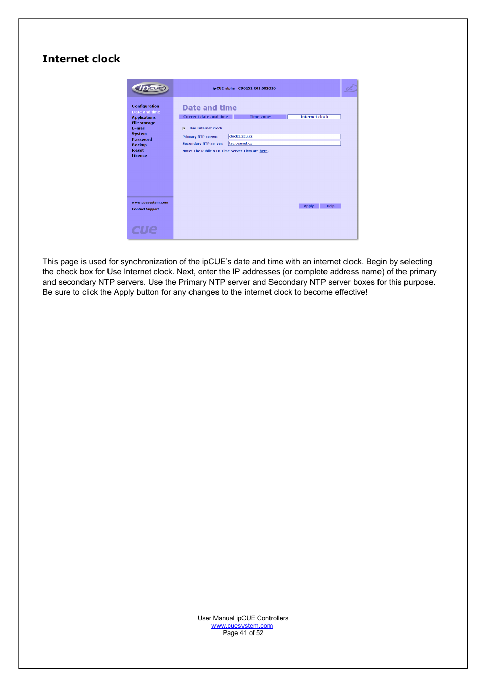Internet clock | CUE ipCUE User Manual | Page 41 / 52
