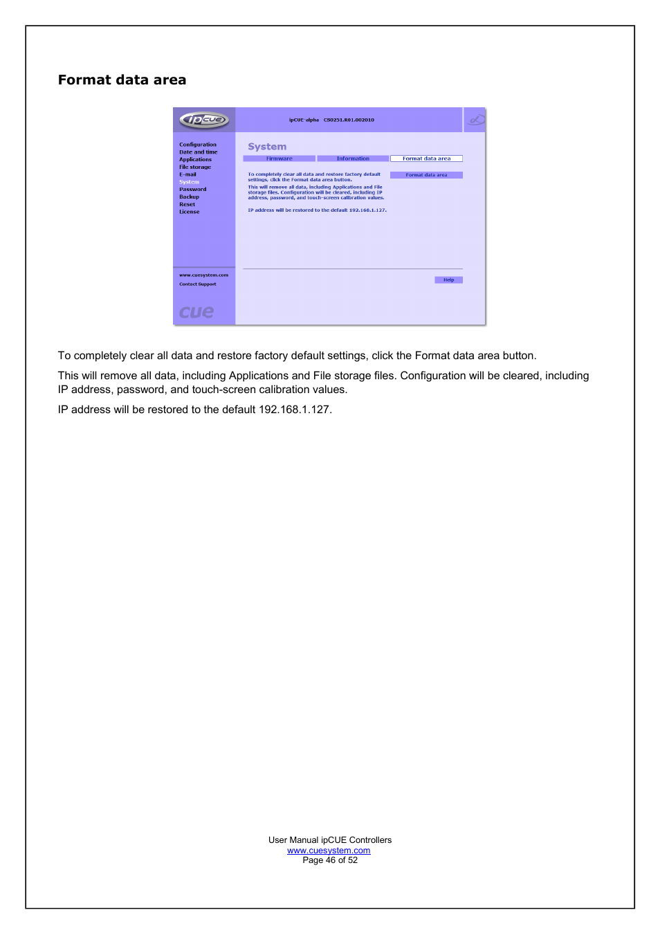 Format data area | CUE ipCUE User Manual | Page 46 / 52