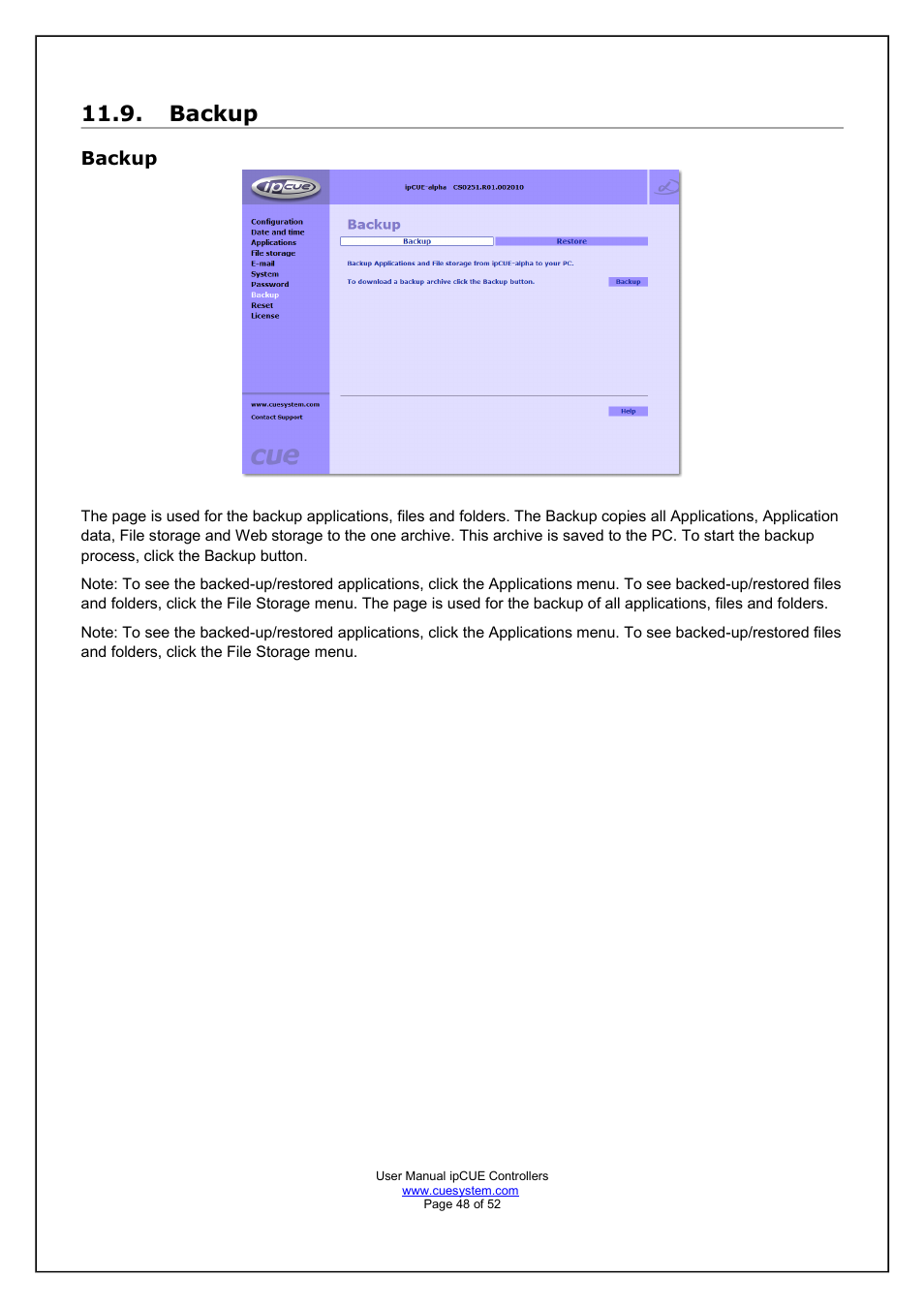 Backup | CUE ipCUE User Manual | Page 48 / 52