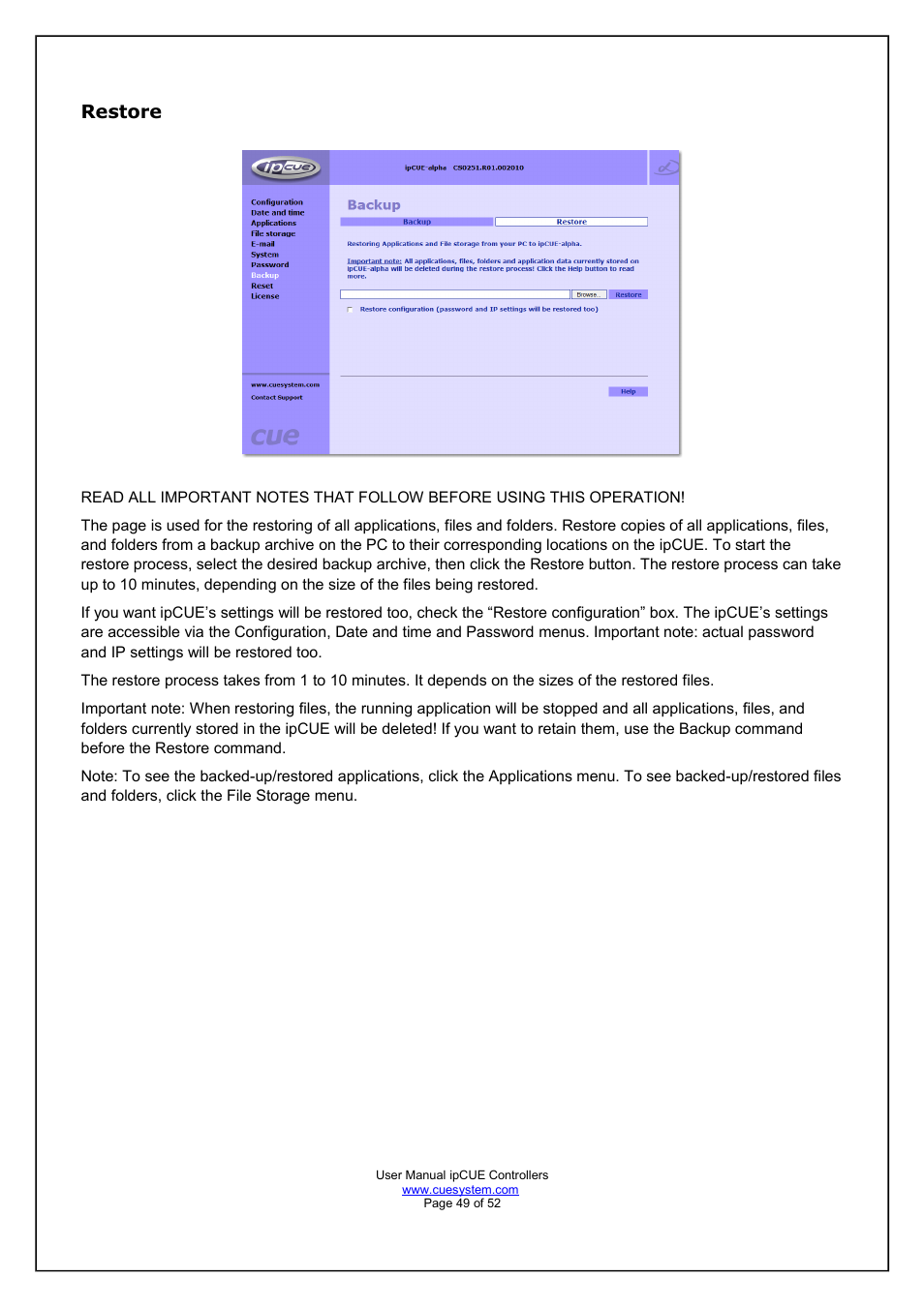 Restore | CUE ipCUE User Manual | Page 49 / 52