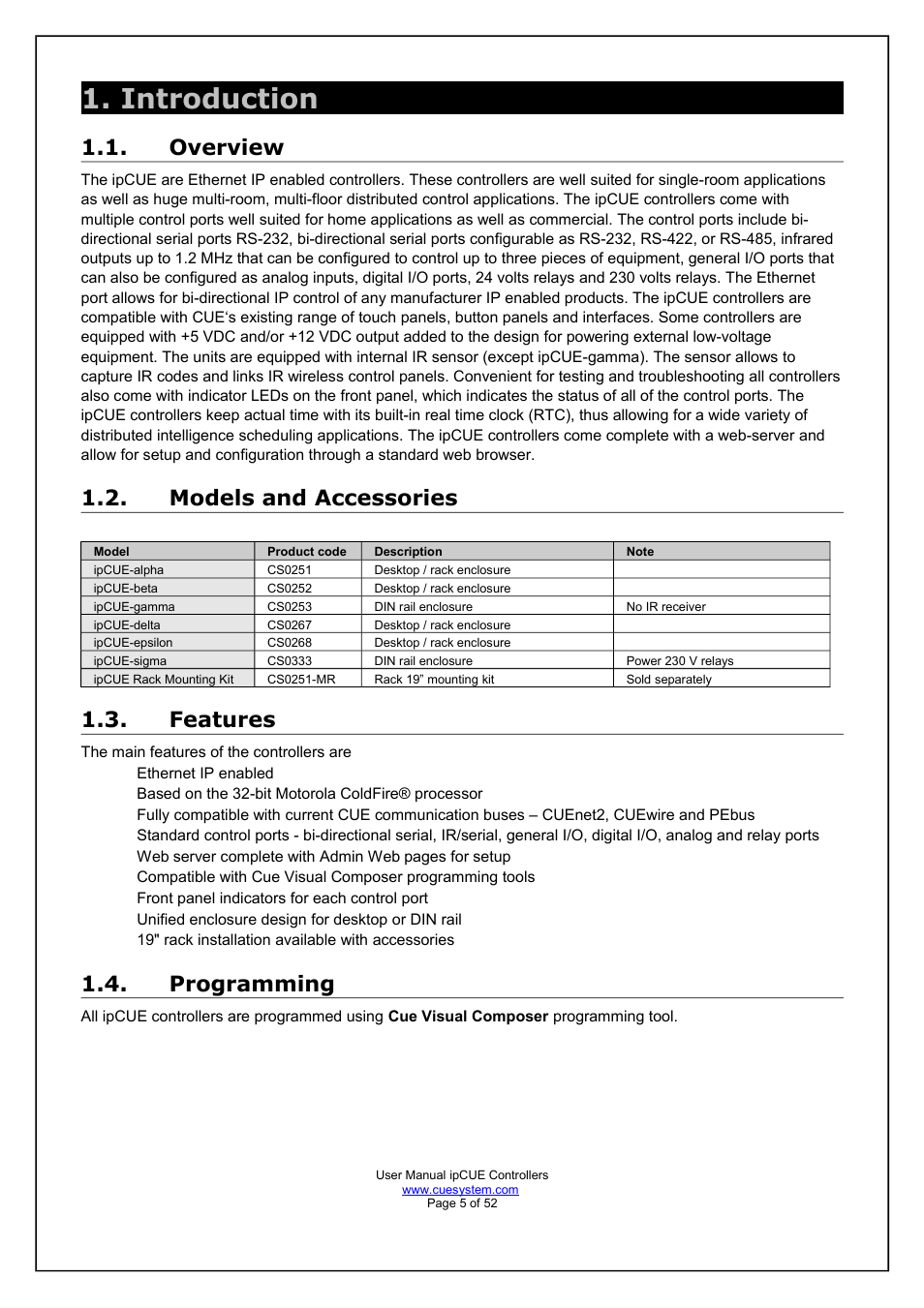 Introduction, Overview, Models and accessories | Features, Programming | CUE ipCUE User Manual | Page 5 / 52