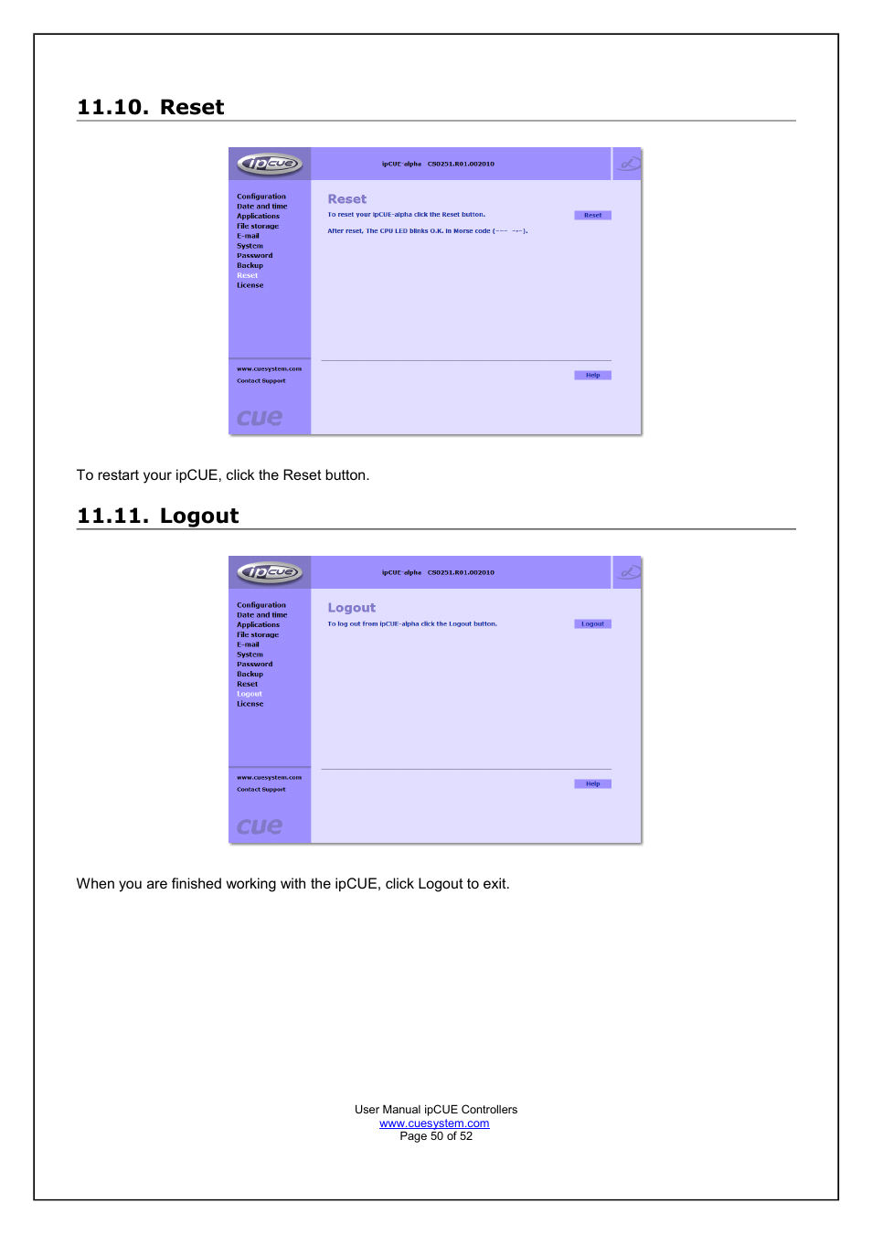 Reset, Logout | CUE ipCUE User Manual | Page 50 / 52