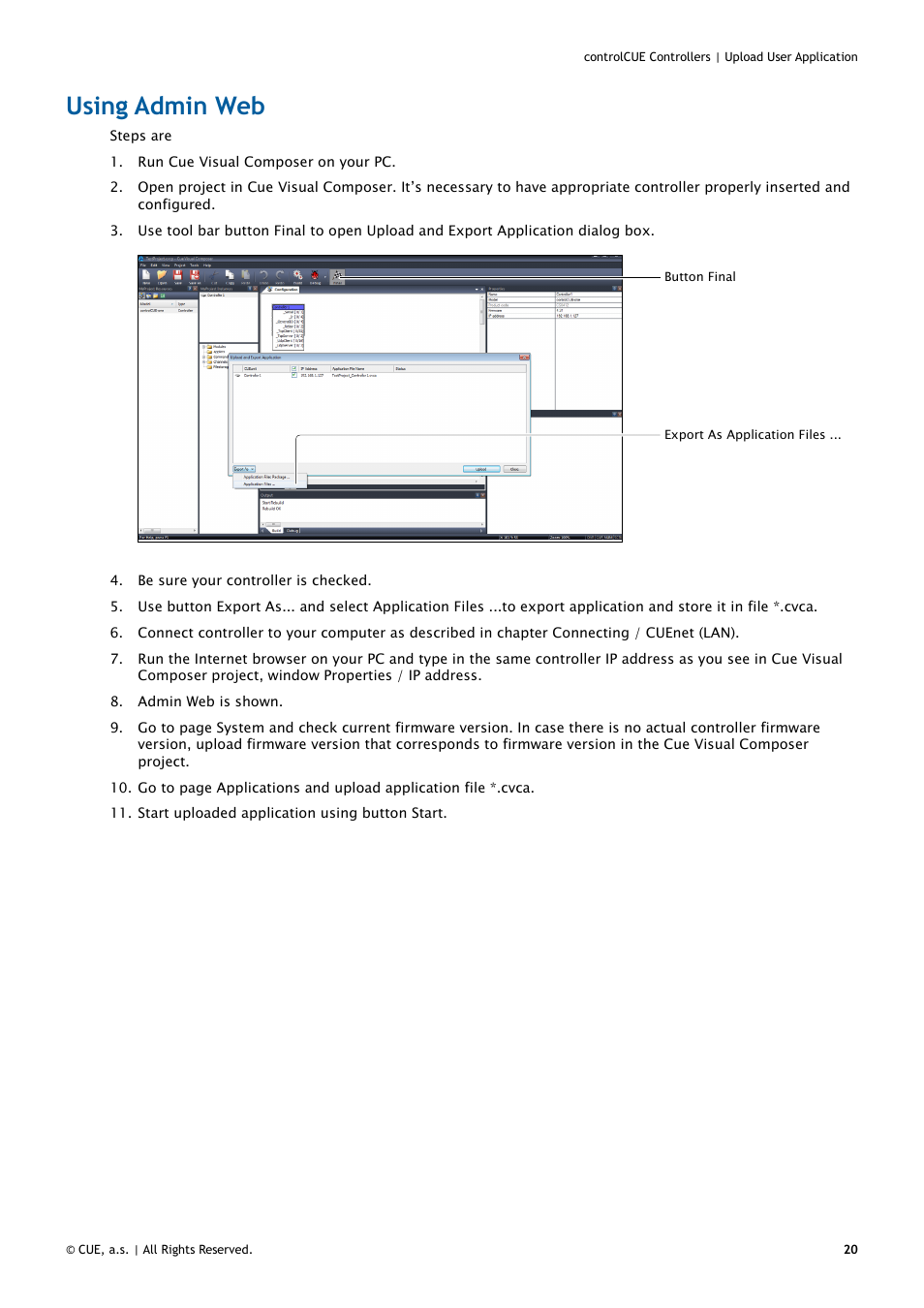 Using admin web, 20 using admin web | CUE controlCUE User Manual | Page 20 / 32