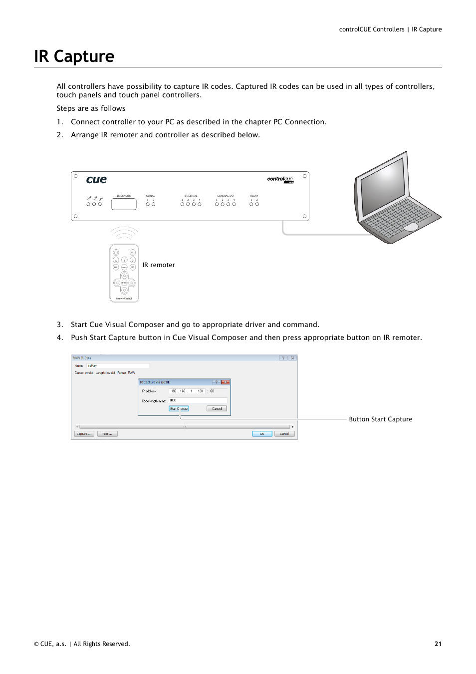 Ir capture, 21 ir capture, Ir remoter | Button start capture | CUE controlCUE User Manual | Page 21 / 32