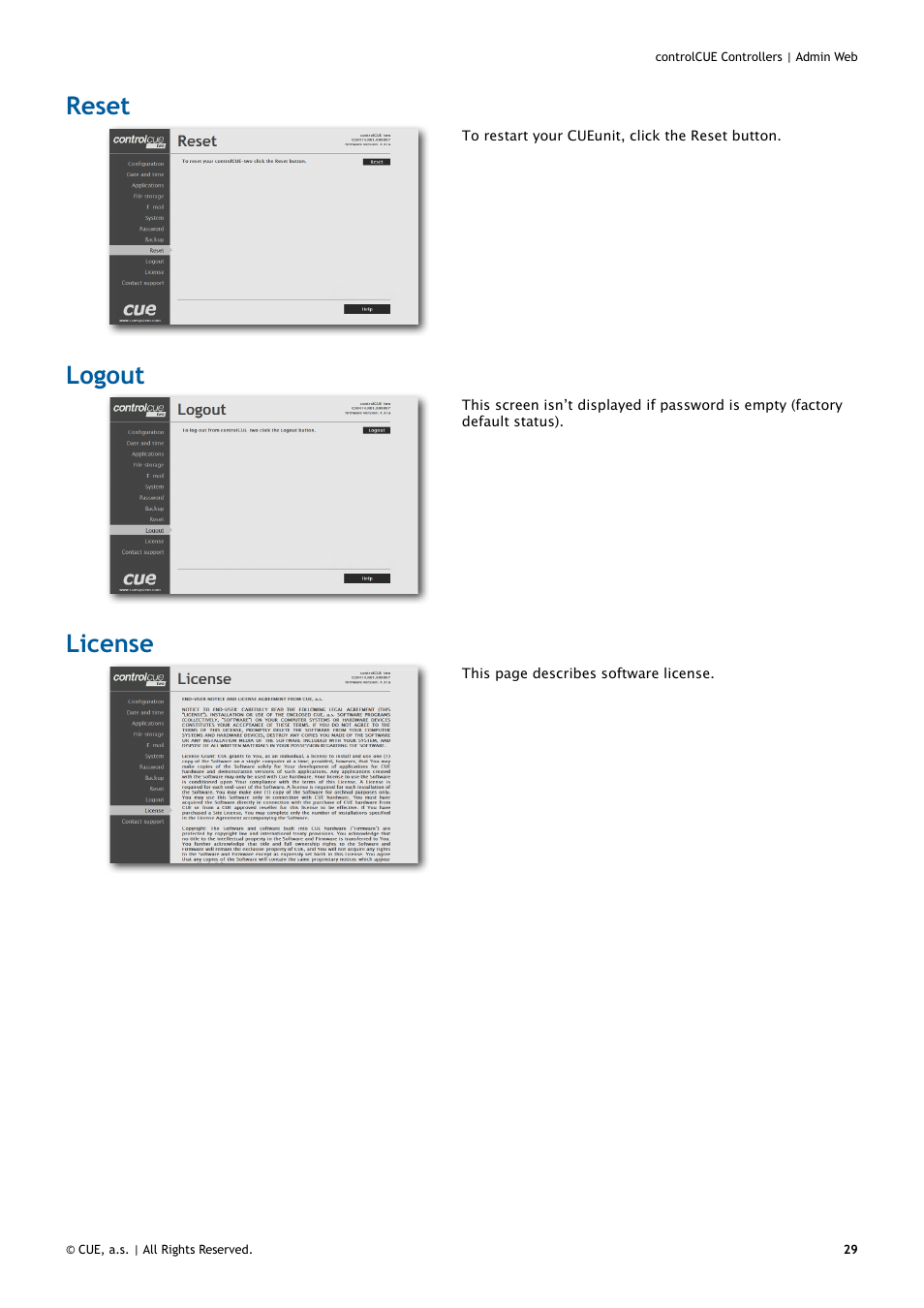 Reset, Logout, License | 29 reset 29 logout 29 license | CUE controlCUE User Manual | Page 29 / 32