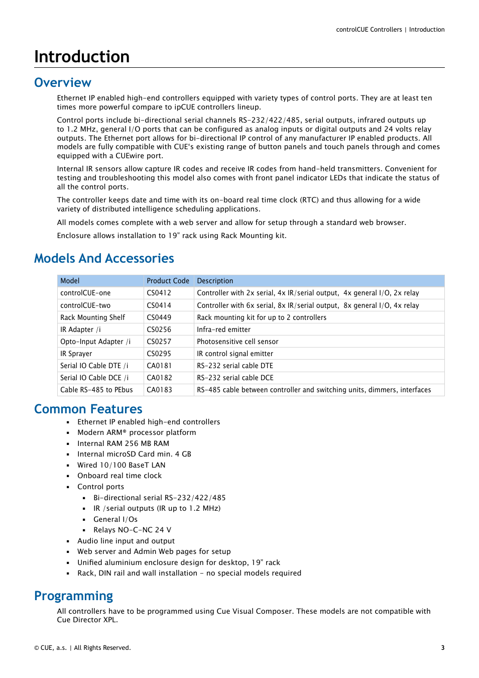 Introduction, Overview, Models and accessories | Common features, Programming, 3 introduction, 3 overview 3, 3 programming | CUE controlCUE User Manual | Page 3 / 32