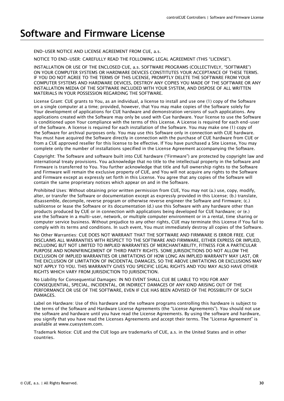 Software and firmware license, 30 software and firmware license | CUE controlCUE User Manual | Page 30 / 32