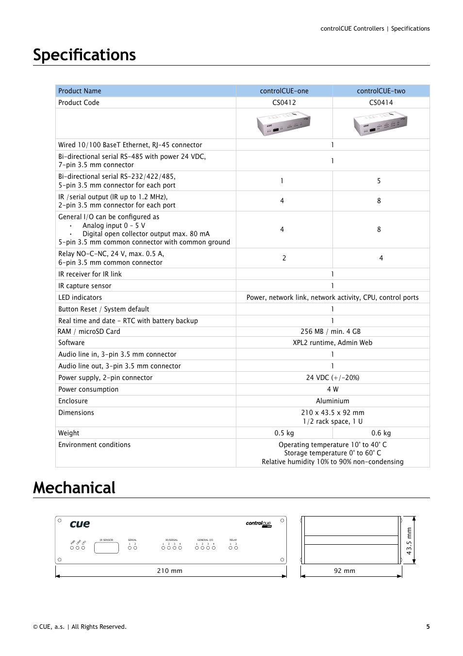 Specifications, Mechanical, 5 specifications | 5 mechanical | CUE controlCUE User Manual | Page 5 / 32