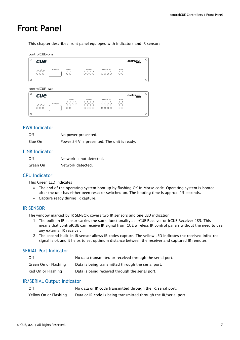 Front panel, Pwr indicator, Link indicator | Cpu indicator, Ir sensor, Serial port indicator, Ir/serial output indicator | CUE controlCUE User Manual | Page 7 / 32